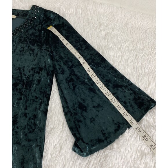 Michael Kors Velvet Top Size L Emerald Green Crushed Blouse Bell Sleeves 3/4 - Picture 8 of 14